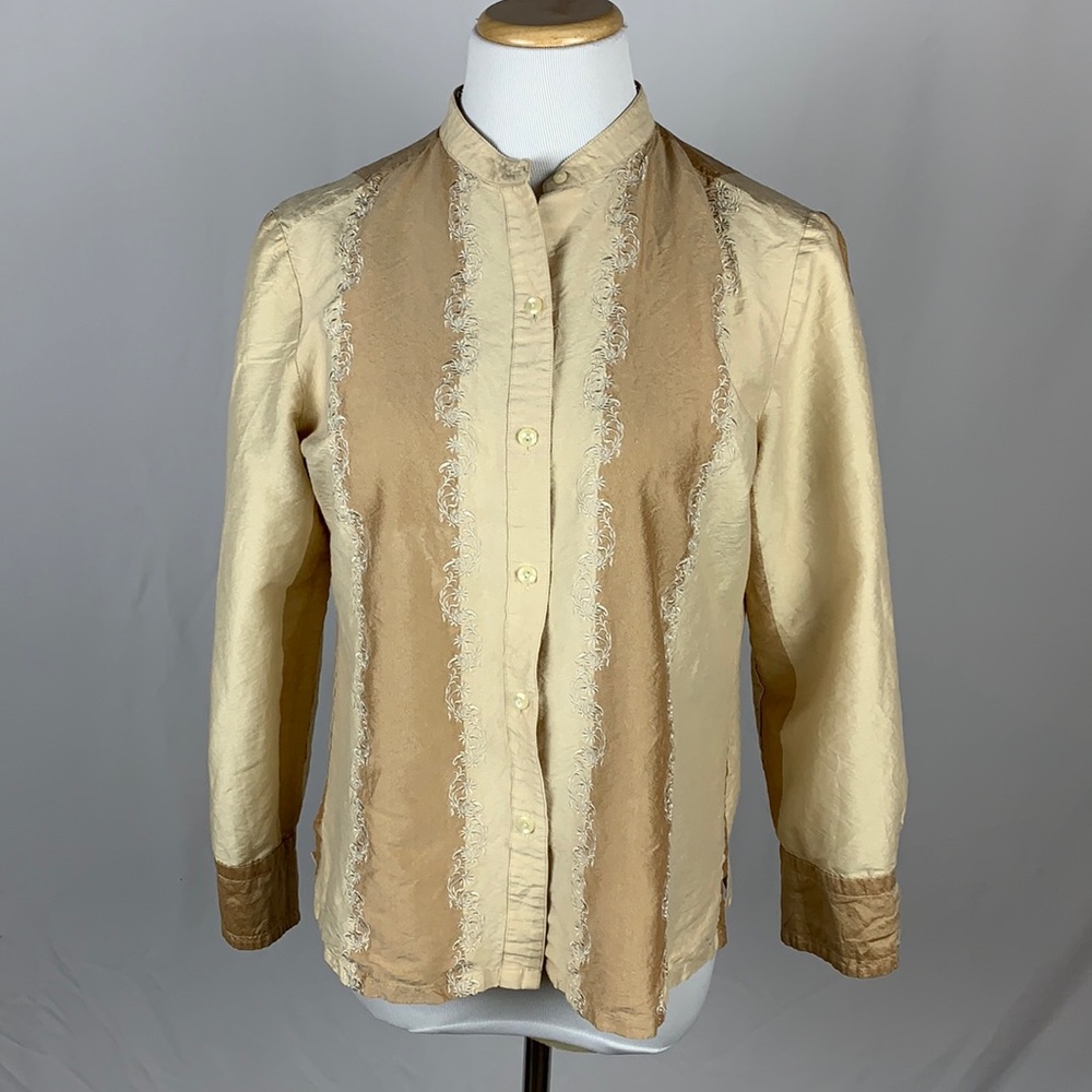 Silk & Cotton Embroidered Long Sleeve Button Down